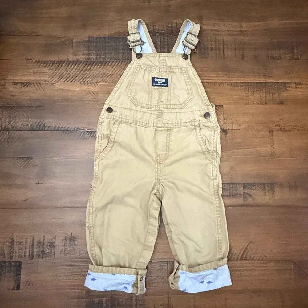 OshKosh‎ B'gosh Kids Tan Dinosaur Print Lined Overalls Size 24M